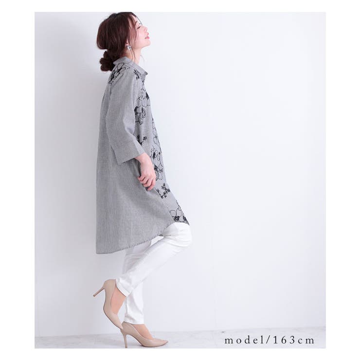 ストライプ柄花刺繍シャツチュニック【4月6日8時販売新作】