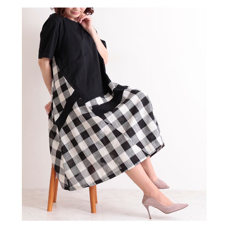 ブロックチェック模様の切り替えワンピース レディース ファッション | Sawa a la mode | 詳細画像13 