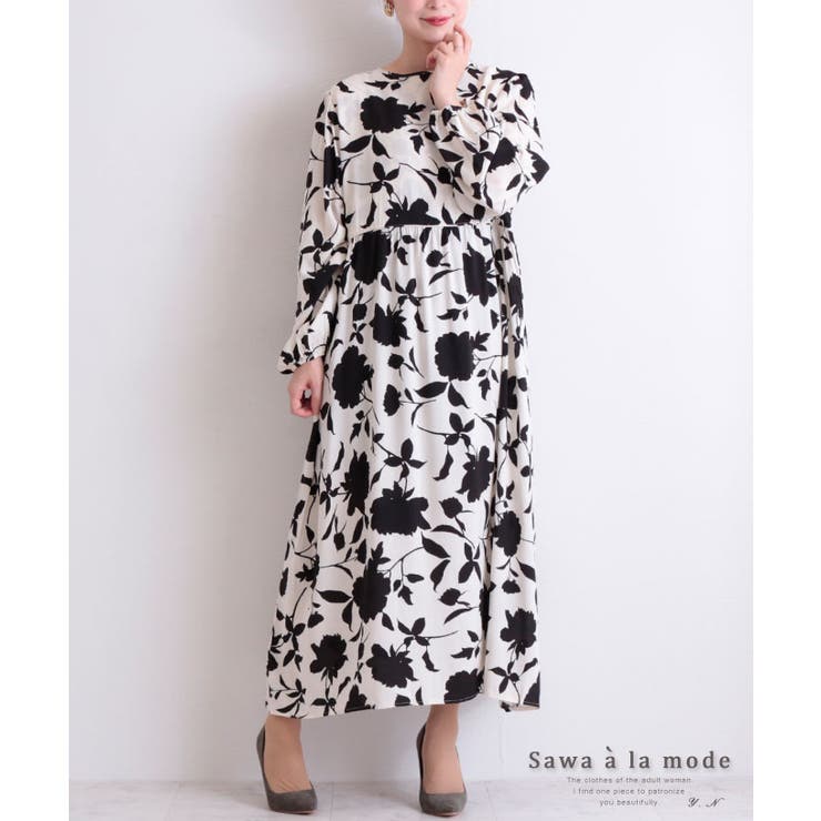 モノトーン花柄プリントのワンピース 長袖 ベージュ 品番 Slmw Sawa A La Mode サワアラモード のレディースファッション通販 Shoplist ショップリスト