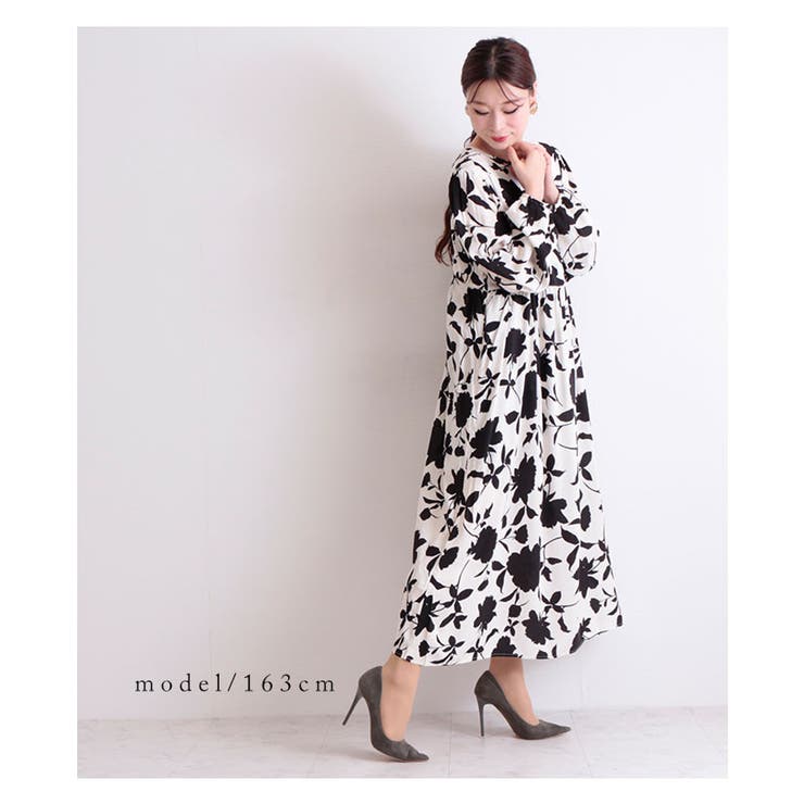 モノトーン花柄プリントのワンピース 長袖 ベージュ 品番 Slmw Sawa A La Mode サワアラモード のレディースファッション通販 Shoplist ショップリスト