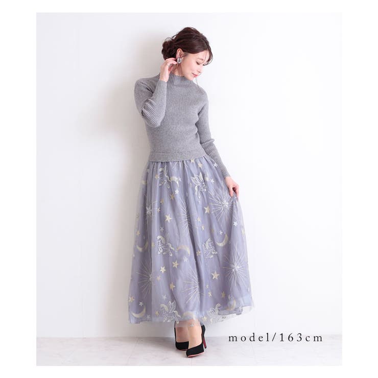 星空柄刺繍のチュールドッキングニットワンピース 長袖 グレー 品番 Slmw Sawa A La Mode サワアラモード のレディースファッション通販 Shoplist ショップリスト