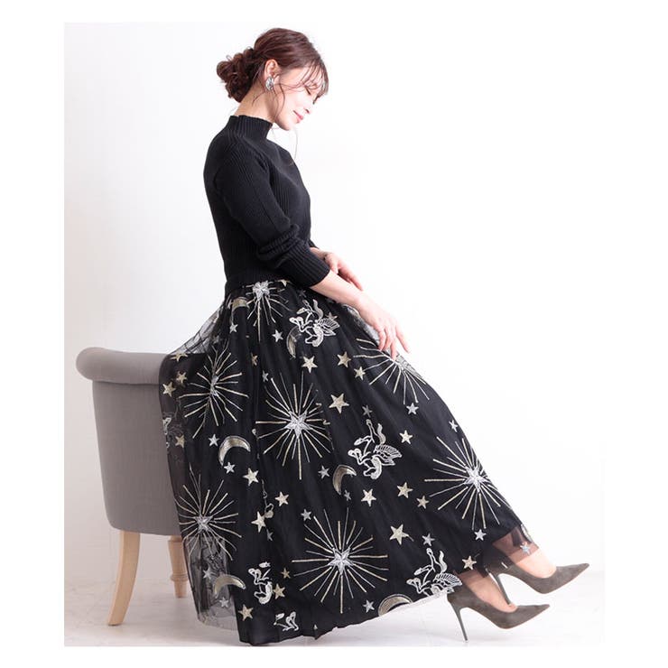 星空柄刺繍のチュールドッキングニットワンピース 長袖 切替えワンピース 品番 Slmw Sawa A La Mode サワアラモード のレディースファッション通販 Shoplist ショップリスト