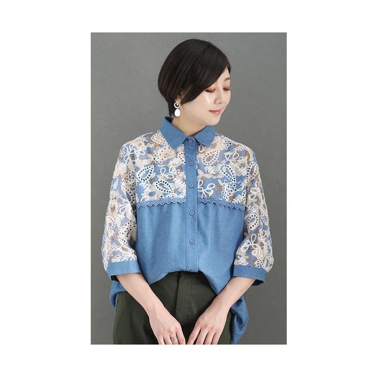 お花とレース刺繍のダンガリーシャツ【8月9日20時販売新作】