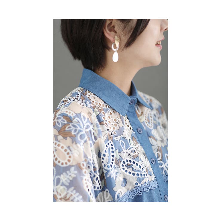 お花とレース刺繍のダンガリーシャツ【8月9日20時販売新作】