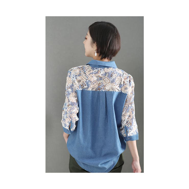 お花とレース刺繍のダンガリーシャツ【8月9日20時販売新作】