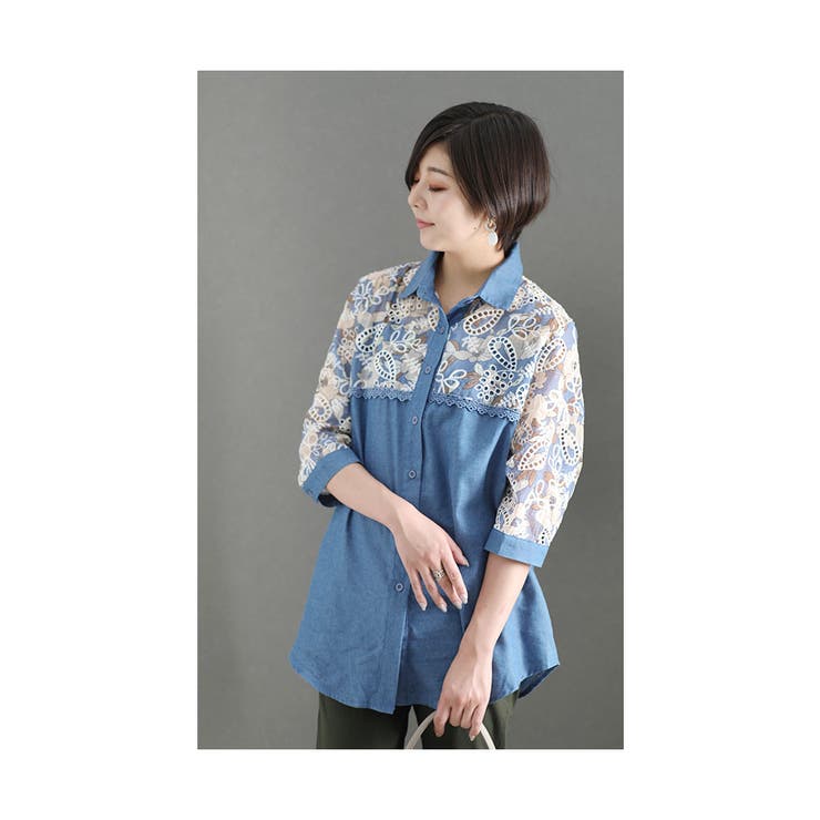 お花とレース刺繍のダンガリーシャツ【8月9日20時販売新作】