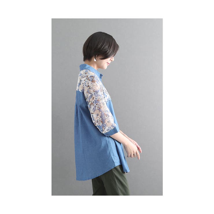 お花とレース刺繍のダンガリーシャツ【8月9日20時販売新作】