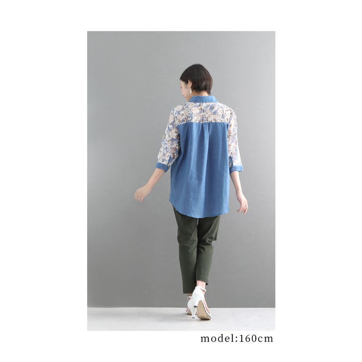 お花とレース刺繍のダンガリーシャツ【8月9日20時販売新作】
