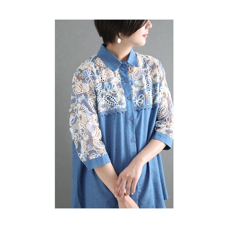 お花とレース刺繍のダンガリーシャツ【8月9日20時販売新作】