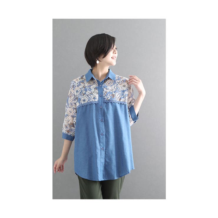 お花とレース刺繍のダンガリーシャツ【8月9日20時販売新作】