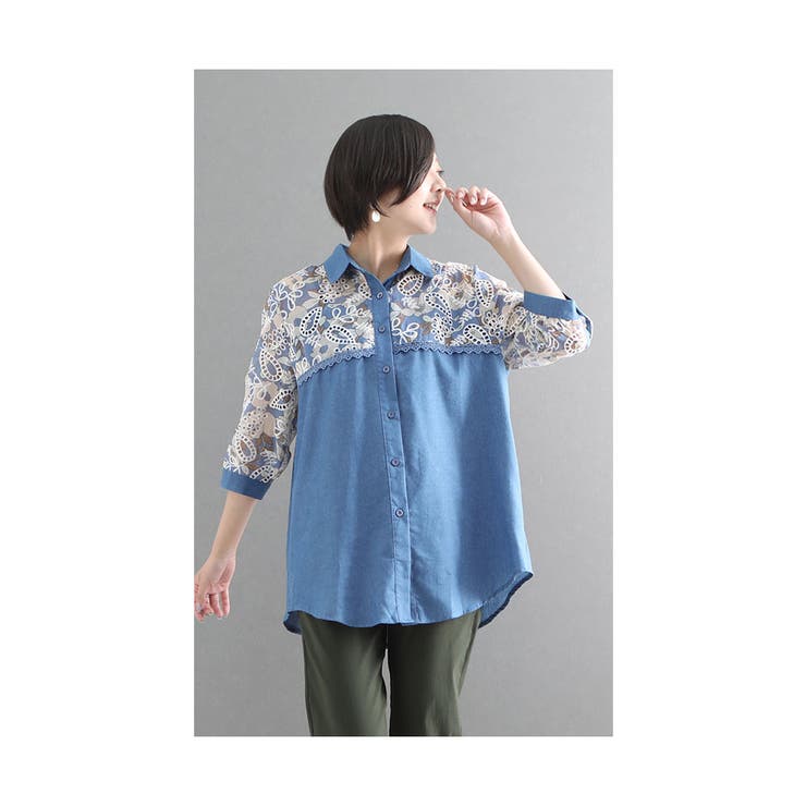 お花とレース刺繍のダンガリーシャツ【8月9日20時販売新作】