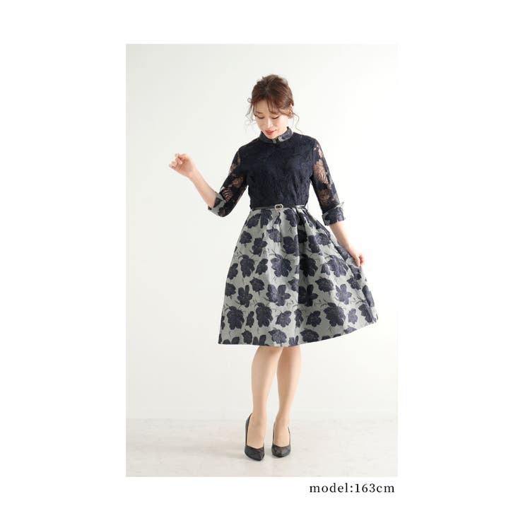 ふんわり可愛らしいベルト付き花柄レースワンピース レディース 