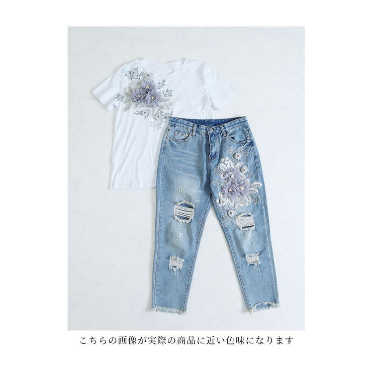 パール煌くお花モチーフのTシャツ＆デニムのセットアップ レディース ファッション[品番：SLMW0008333]｜Sawa a la  mode（サワアラモード ）のレディースファッション通販｜SHOPLIST（ショップリスト）