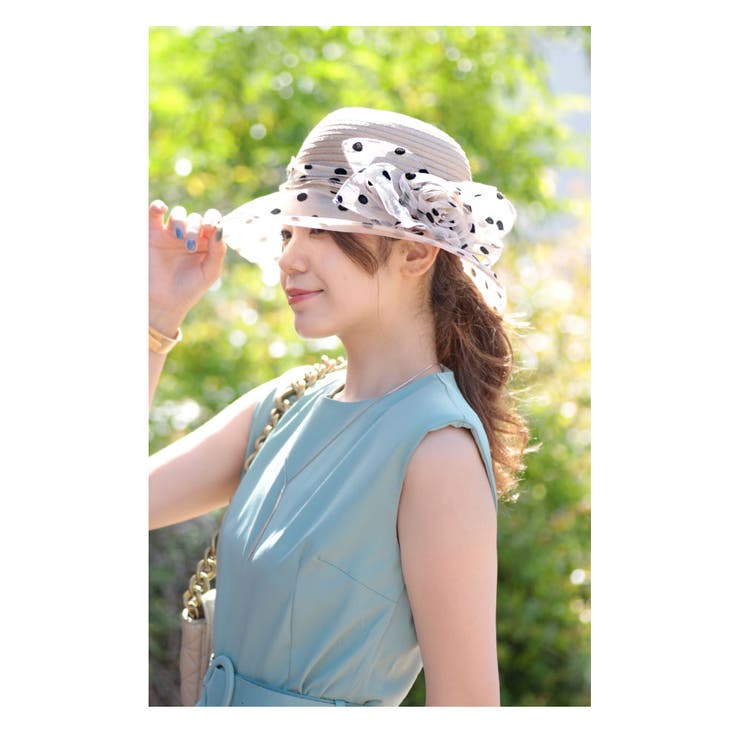 レトロなチュールの花咲くドット柄ストローハット レディース
