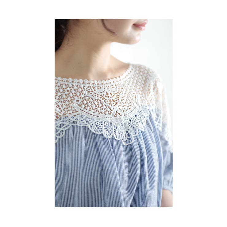 美しい花レースで華やぐストライプ柄シャツブラウス レディース ファッション | Sawa a la mode | 詳細画像4 