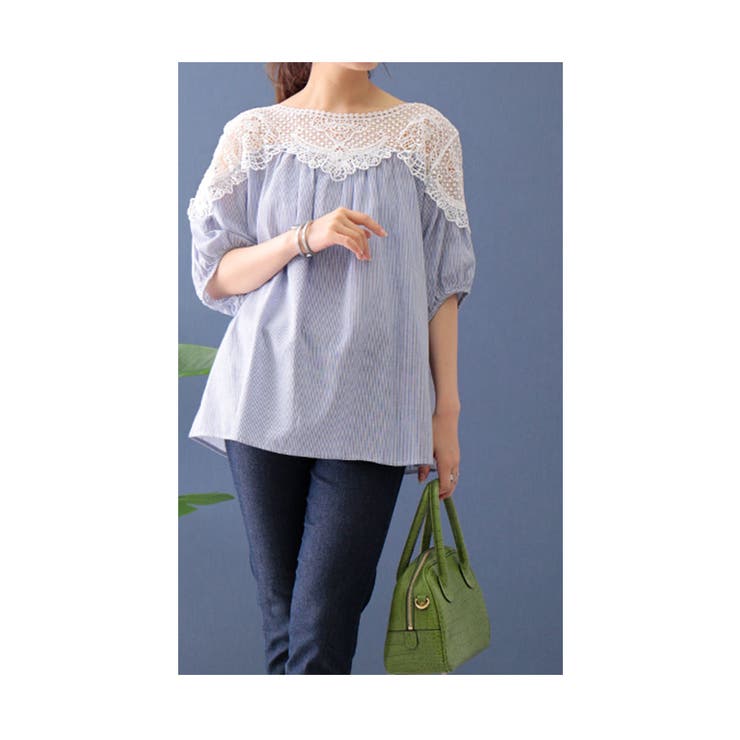 美しい花レースで華やぐストライプ柄シャツブラウス レディース ファッション | Sawa a la mode | 詳細画像19 