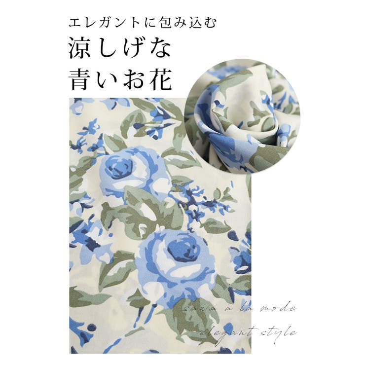 涼やかな青い花咲くフレアスリーブチュニック レディース ファッション