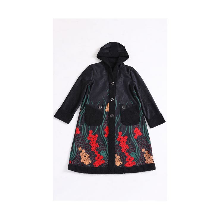 色鮮やかな刺繍が彩る裏ボア花柄ロングコート レディース ファッション