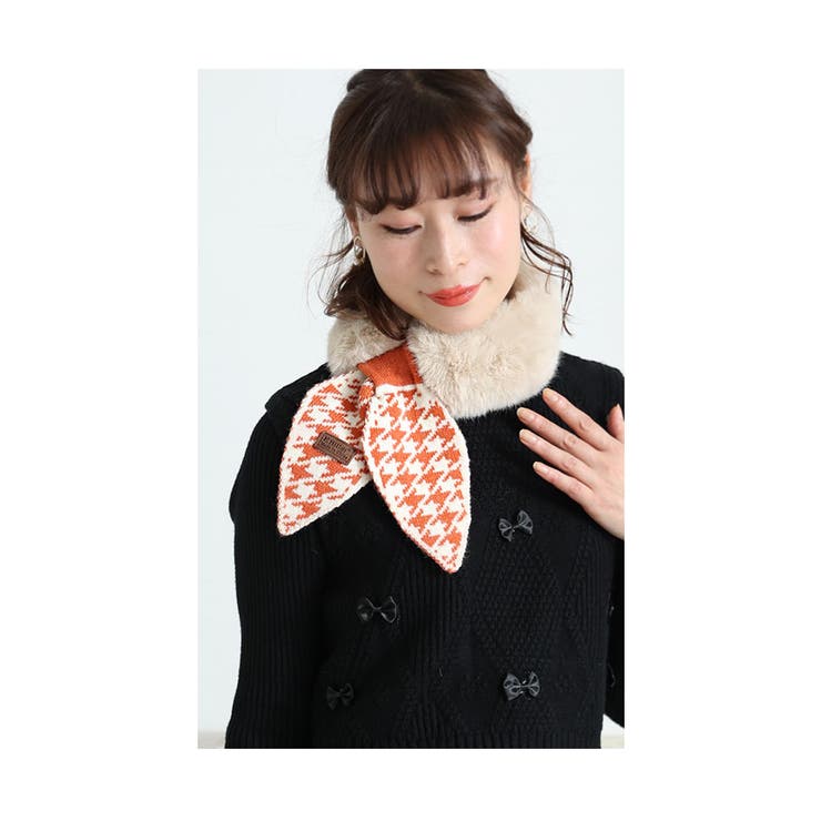 ふわふわ千鳥格子柄ニットファーマフラー【12月10日20時販売新作】