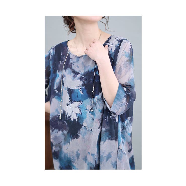 極美品　ナチュラルクリーク　シアー半袖チュニック　シフォン　アシメントリー　薔薇 極美品 ナチュラルクリーク シアー半袖チュニック シフォン
