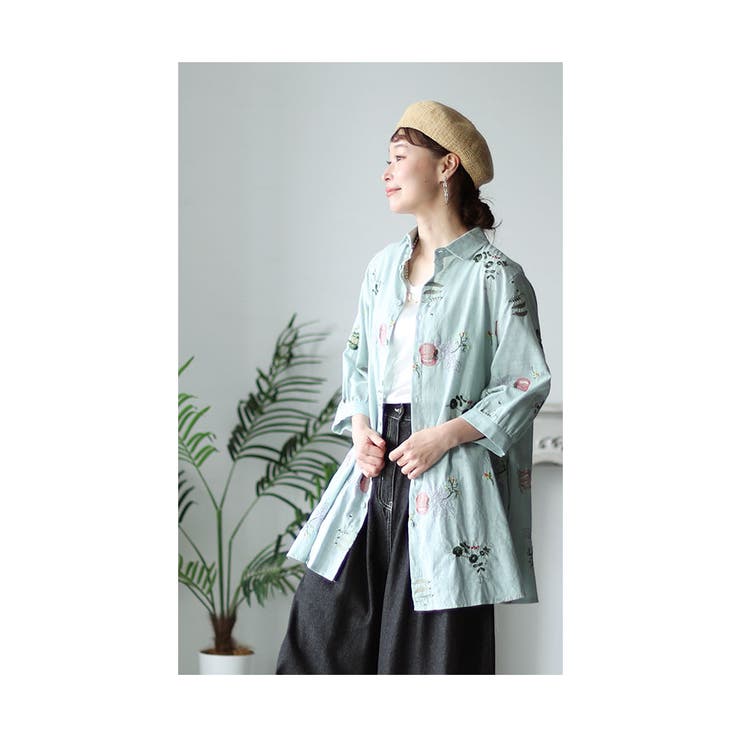 心弾むお野菜刺繍のコットンシャツチュニック レディース