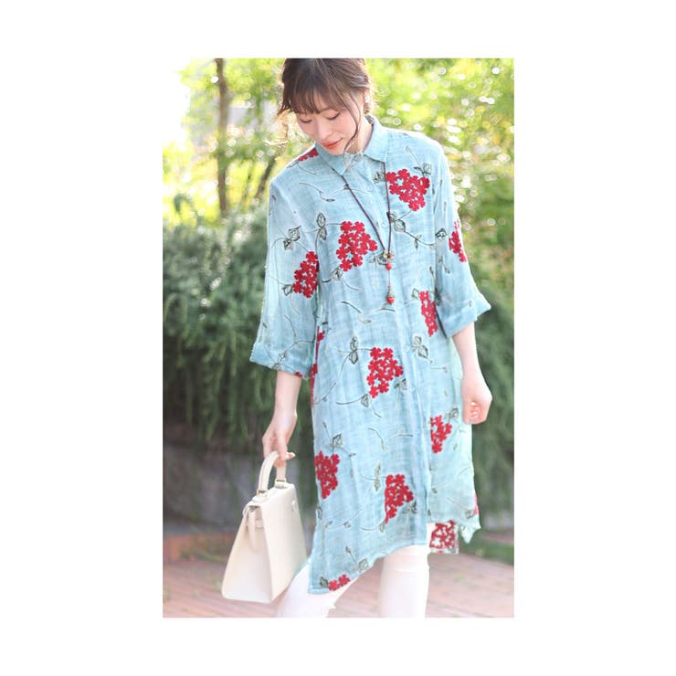 浮き上がる花刺繍コットンシャツチュニック【6月14日20時販売新作】