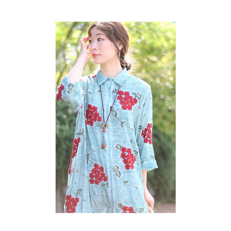 浮き上がる花刺繍コットンシャツチュニック【6月14日20時販売新作】
