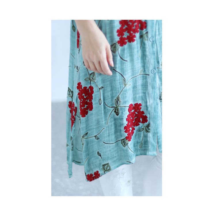 浮き上がる花刺繍コットンシャツチュニック【6月14日20時販売新作】