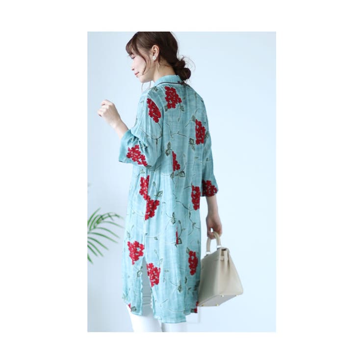 浮き上がる花刺繍コットンシャツチュニック【6月14日20時販売新作】