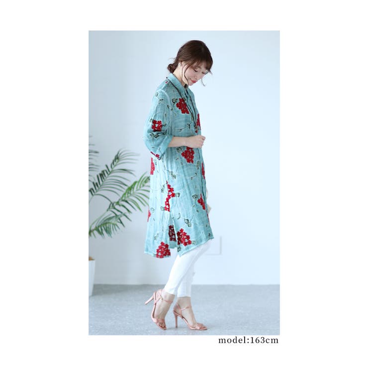 浮き上がる花刺繍コットンシャツチュニック【6月14日20時販売新作】