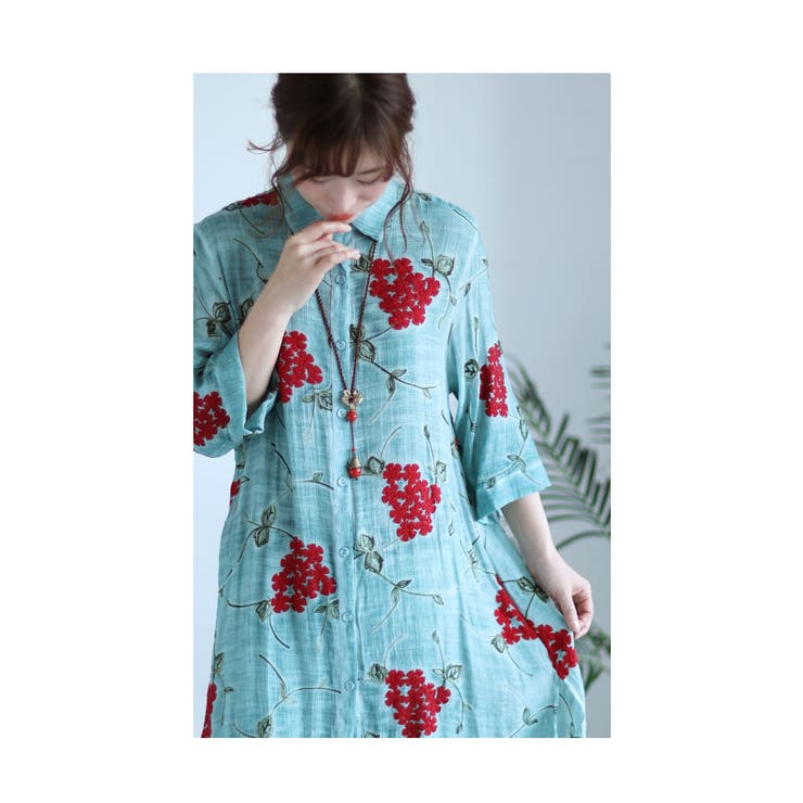 浮き上がる立体の花刺繍コットンシャツチュニック レディース