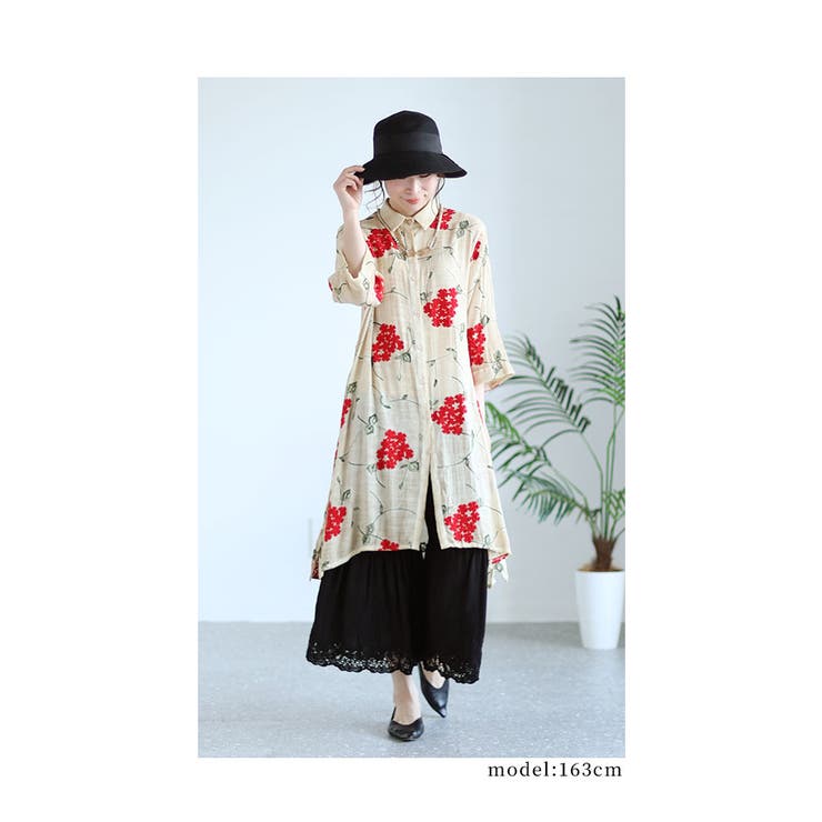 浮き上がる立体の花刺繍コットンシャツチュニック レディース