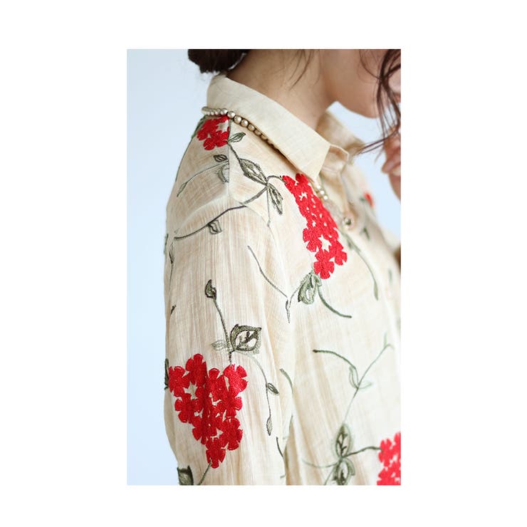 浮き上がる花刺繍コットンシャツチュニック【6月14日20時販売新作】