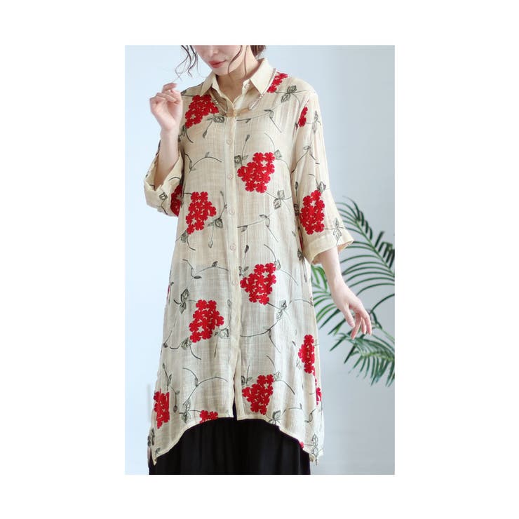 浮き上がる花刺繍コットンシャツチュニック【6月14日20時販売新作】