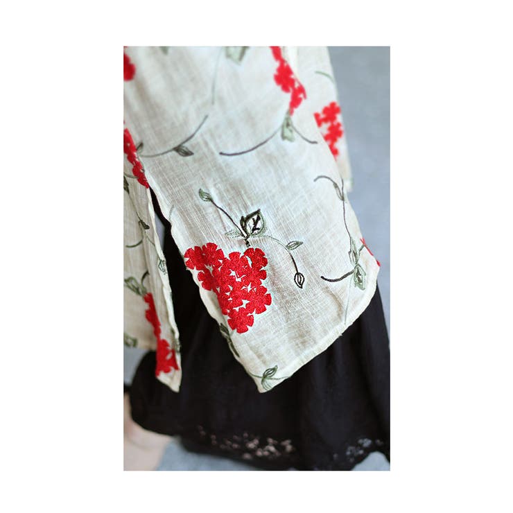 浮き上がる立体の花刺繍コットンシャツチュニック レディース