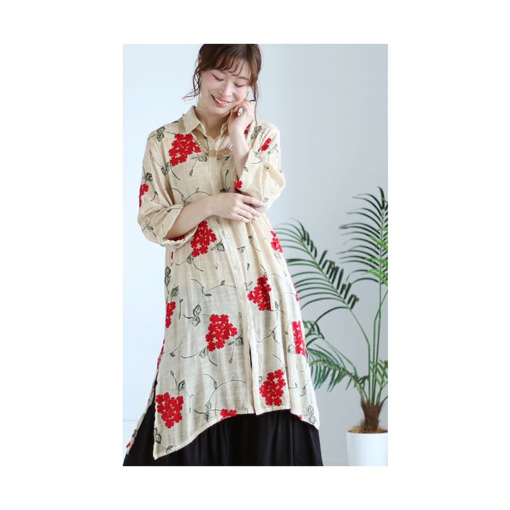 浮き上がる花刺繍コットンシャツチュニック【6月14日20時販売新作】