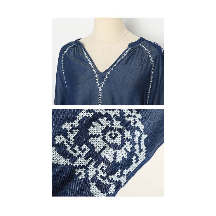 フォークロア刺繍のダンガリーブラウス レディース トップス[品番 