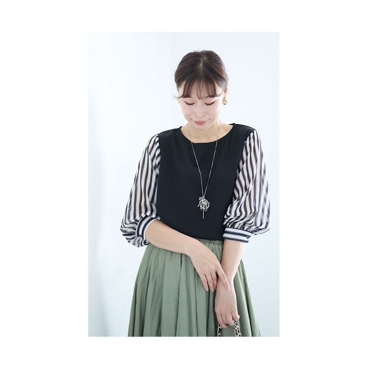ストライプ柄ふんわり袖ブラウストップス【9月16日20時販売新作】