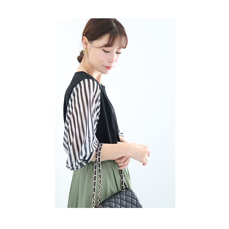 ストライプ柄ふんわり袖ブラウストップス【9月16日20時販売新作】