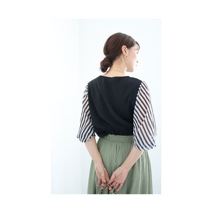 ストライプ柄ふんわり袖ブラウストップス【9月16日20時販売新作】