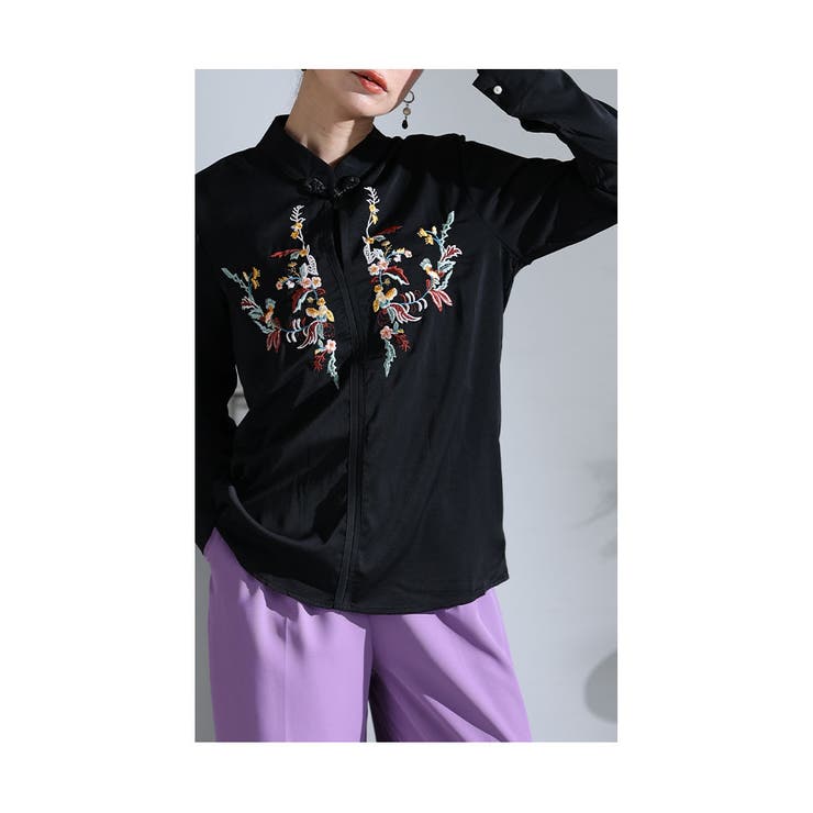 レトロ花刺繍のチャイナ風シャツ トップス シャツ[品番：SLMW0009842 