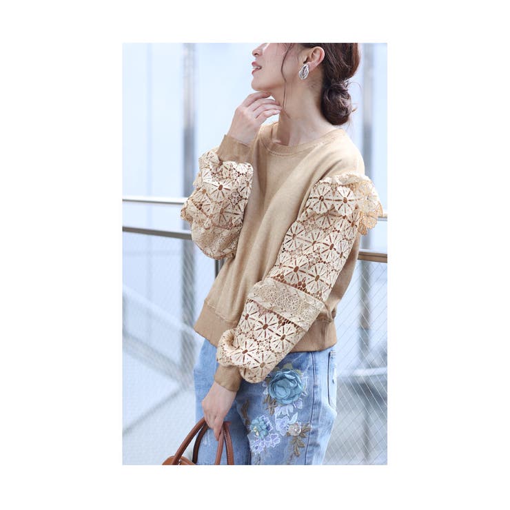 連なる花レース袖のスウェットトップス【10月7日20時販売新作】