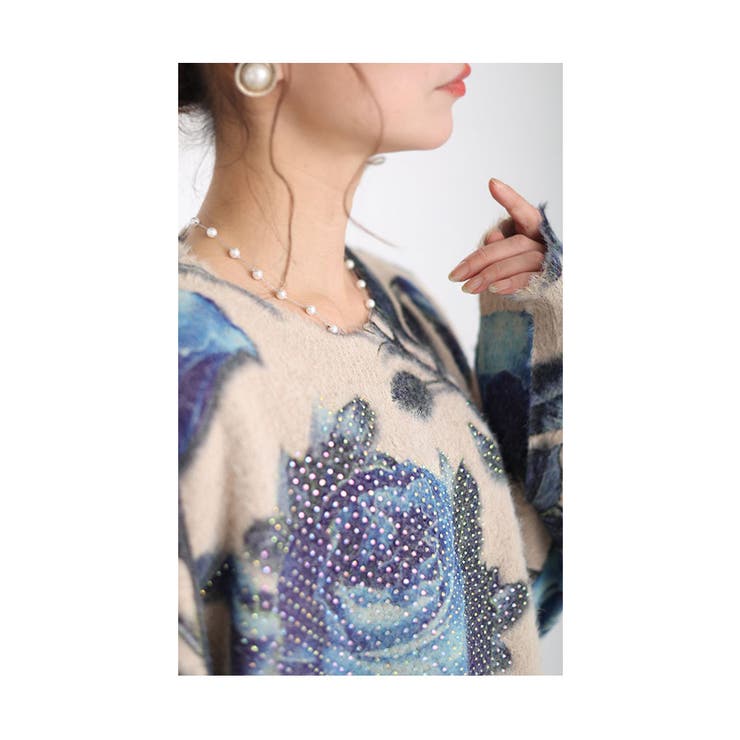 ストーン煌めく青い薔薇の起毛ニットトップス レディース ファッション | Sawa a la mode | 詳細画像17 