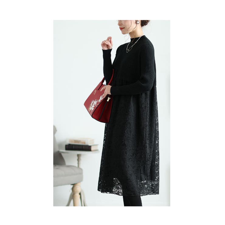 湧き上がる美麗レースの切替ニットワンピース レディース ファッション | Sawa a la mode | 詳細画像7 