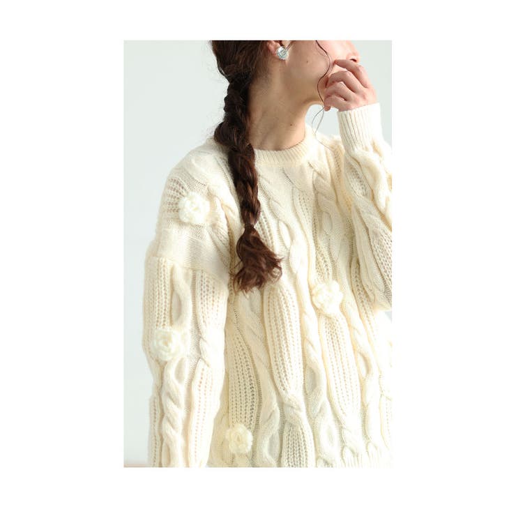 ぽこぽこ可愛いお花咲くケーブル編みニットトップス【12月20日20時販売新作】