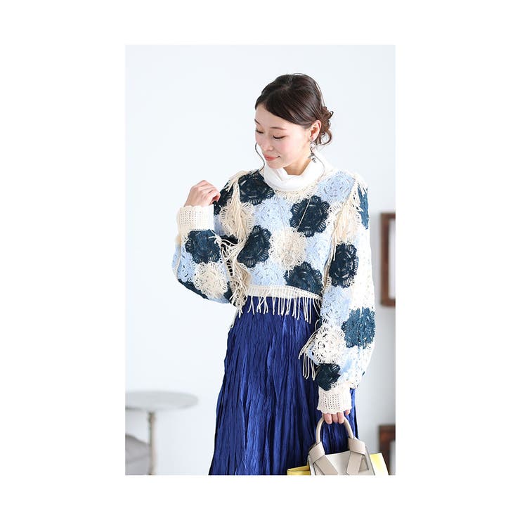 重ねて花咲くクロシェ編みフリンジドルマントップス【1月17日20時販売新作】