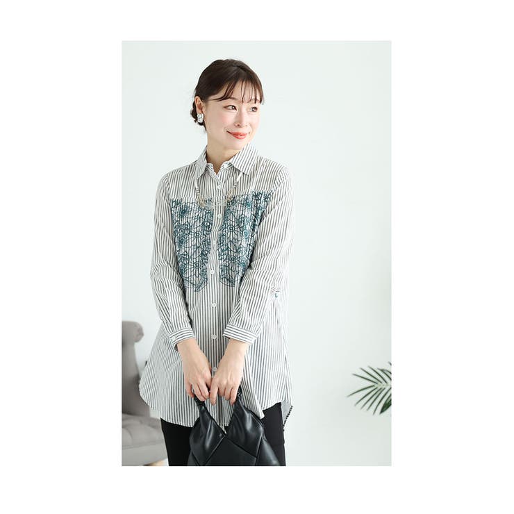 花刺繍ストライプシャツチュニック【2月24日20時販売新作】