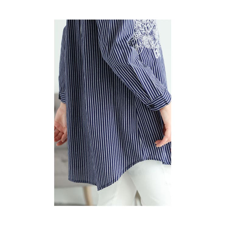 花刺繍ストライプシャツチュニック【2月24日20時販売新作】