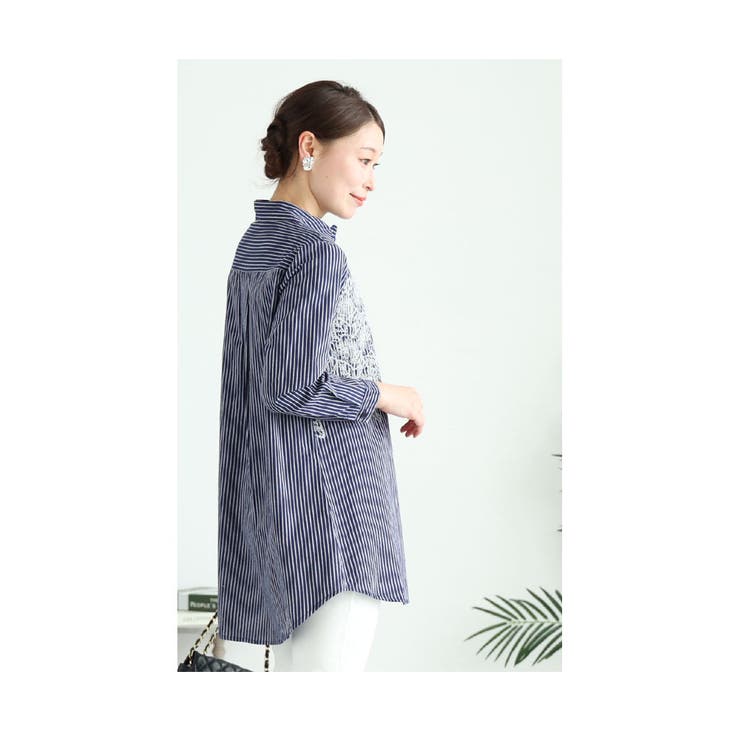 花刺繍ストライプシャツチュニック【2月24日20時販売新作】