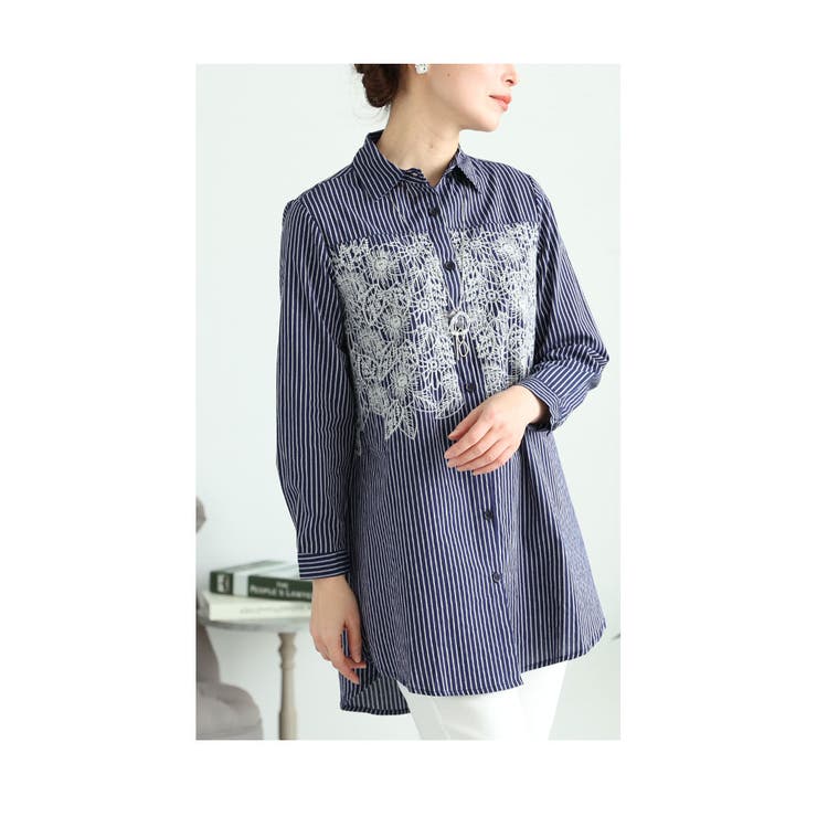 花刺繍ストライプシャツチュニック【2月24日20時販売新作】